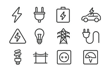 Vector illustration of electricity related icons featuring various symbols and equipment used in energy and power