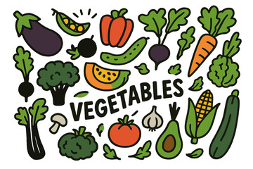 Colorful vector illustration showcasing a variety of fresh vegetables arranged playfully in a modern design style