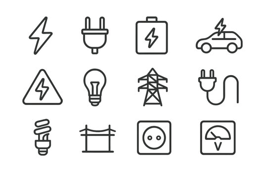 Vector illustration of electricity related icons featuring various symbols and equipment used in energy and power