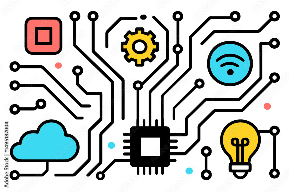 Poster modern vector illustration showcasing technology concepts with circuit designs and various digital e