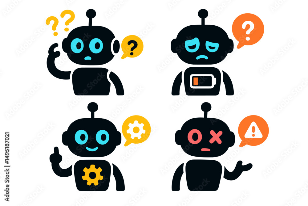 Poster modern vector illustration showcasing four robot characters expressing a range of emotions and thoug