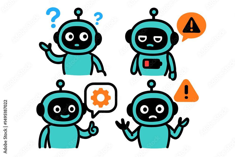 Poster creative vector illustration featuring robots expressing emotions and activities in a modern design