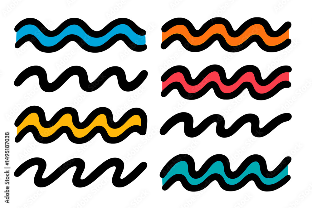 Poster colorful modern vector illustration of wavy lines in various styles and colors arranged in a pattern