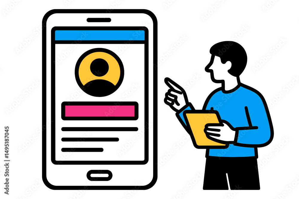 Poster modern vector illustration of a man pointing at a smartphone with a user profile displayed and holdi