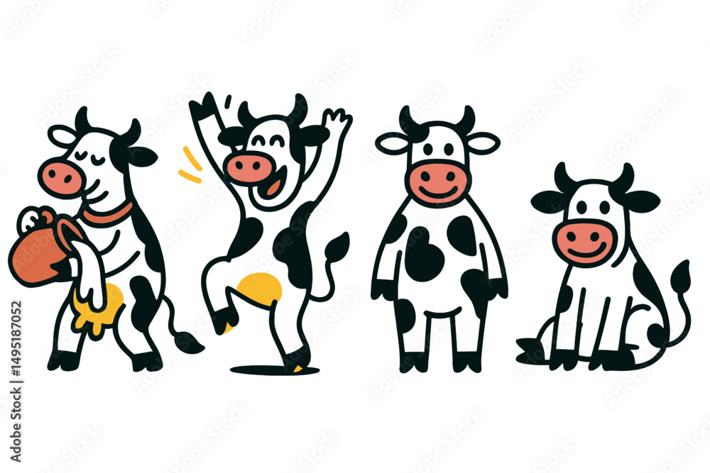 Poster vector illustration of playful cows engaging in various activities on a sunny day in a farm setting