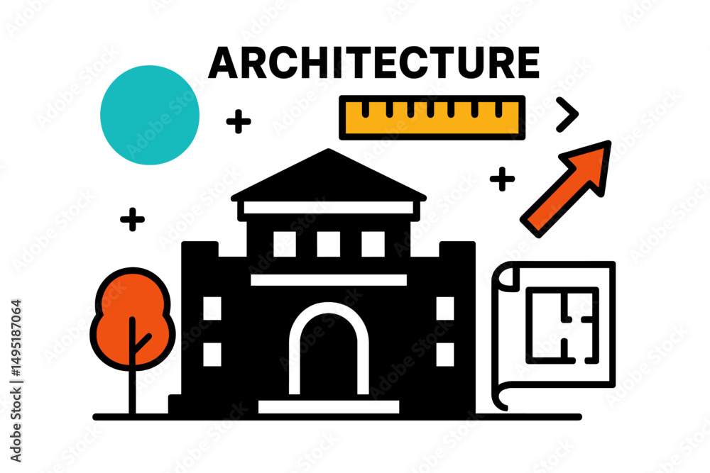 Poster modern vector illustration showcasing architectural elements with tools and a blueprint in a creativ