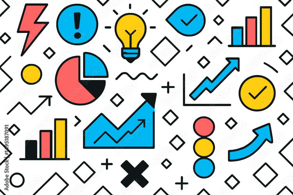 Poster modern vector illustration showcasing various business and data analysis elements in a colorful desi