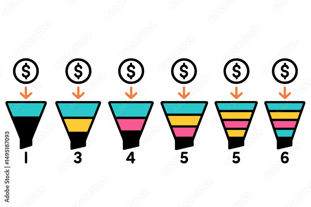 Poster visual representation of a sales funnel showing stages and monetary flow in a modern and vibrant sty