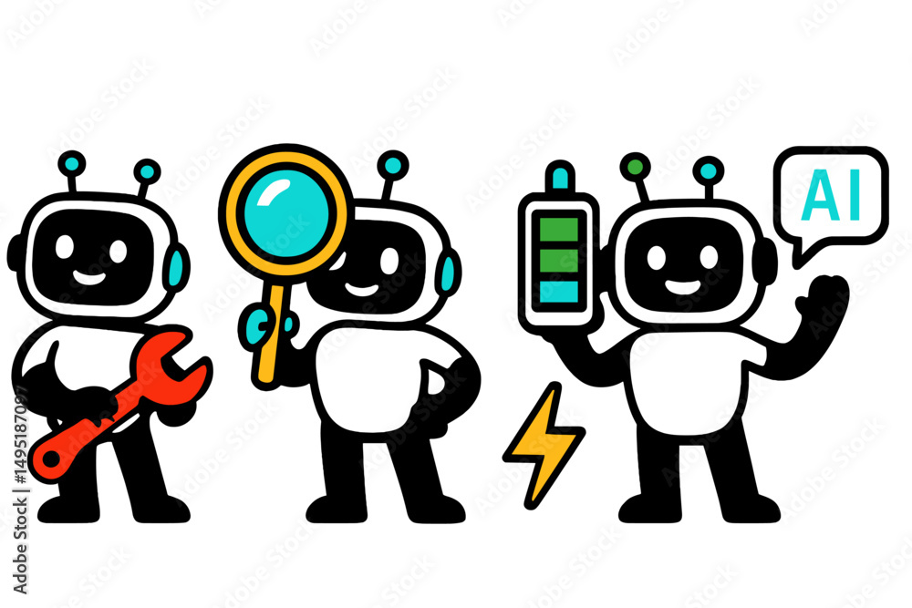 Poster colorful vector illustration of friendly robots engaging in various activities showcasing tools, tec