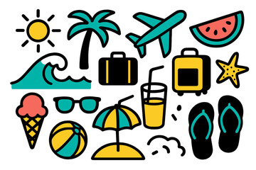 Vibrant vacation theme with summer icons showcasing beach fun, travel essentials, and refreshing treats