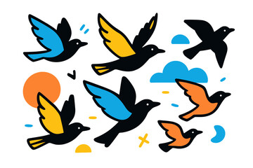 Colorful birds flying in a modern vector illustration capturing a vibrant nature scene filled with abstract shapes and colors