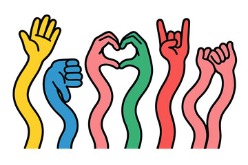 Colorful vector illustration of hands forming various gestures in vibrant hues
