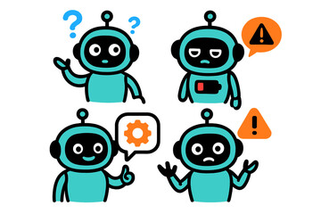 Creative vector illustration featuring robots expressing emotions and activities in a modern design