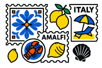 Modern vector illustration showcasing Amalfi Coast elements, including sea life, citrus fruits, and iconic symbols of Italy's coastal charm