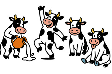 Modern vector illustration of playful cows engaging in activities on a sunny day in a pastoral setting