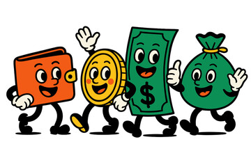 Fun modern vector illustration of cheerful money-related characters walking together in a playful activity