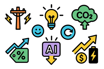 Vector illustration showcasing energy concepts with icons for electricity, renewable sources, and AI for sustainability