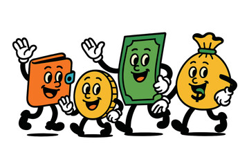 Cheerful money characters celebrating financial literacy and savings in a fun and engaging style