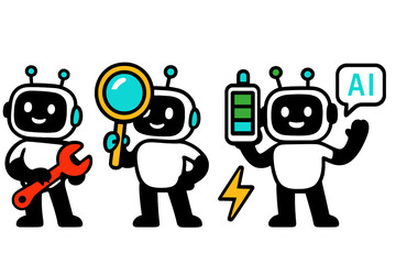 Colorful vector illustration of friendly robots engaging in various activities showcasing tools, technology, and artificial intelligence concepts