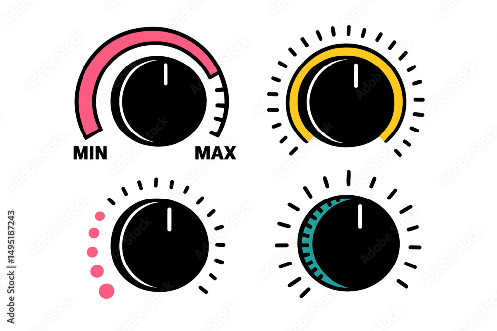 Poster modern vector illustration of control knobs showcasing settings from minimum to maximum levels with 