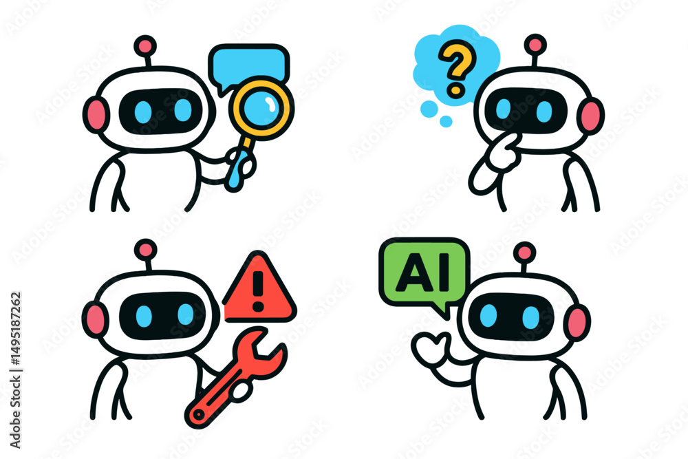 Poster colorful vector illustration depicting four thoughtful robots engaged in problem-solving activities 