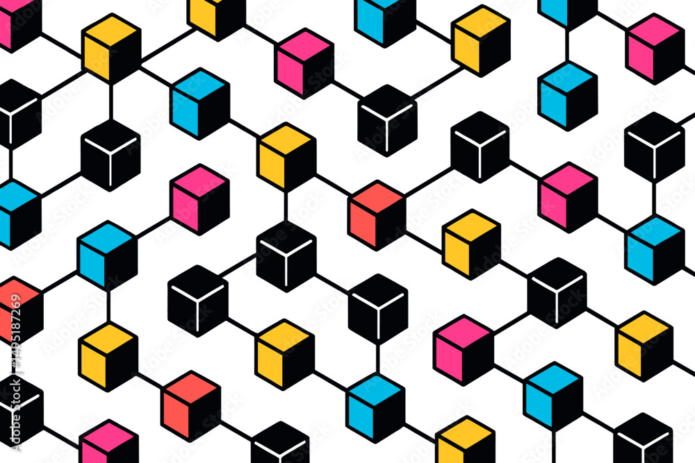 Poster contemporary vector illustration featuring colorful geometric shapes in a dynamic grid layout