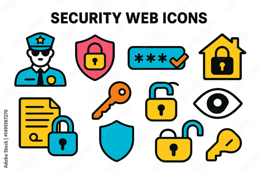 Poster security web icons showcasing various elements of online safety and protection in a modern vector st