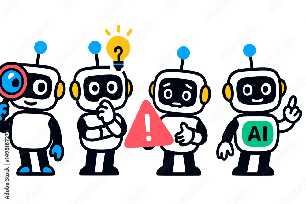 Poster modern vector illustration featuring four friendly robots expressing various emotions and actions in