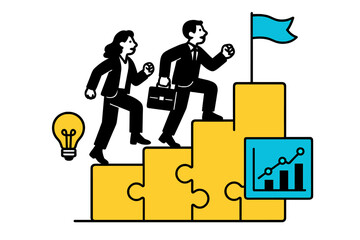 Business professionals climbing stairs to success while illustrating growth and innovation concepts in a modern vector style