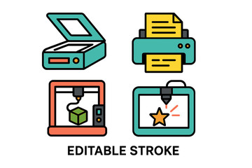 Modern vector illustration showcasing office technology including a scanner, printer, 3D printer, and digital drawing tablet