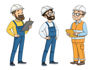 Three cartoon construction workers with hard hats and clipboards standing on a black background