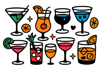 Variety of colorful cocktails illustrated in a modern vector style perfect for summer gatherings and parties