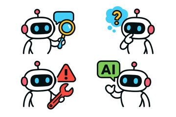 Colorful vector illustration depicting four thoughtful robots engaged in problem-solving activities with tools, questions, and AI concepts