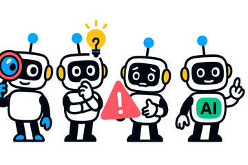 Modern vector illustration featuring four friendly robots expressing various emotions and actions in a cheerful, engaging style