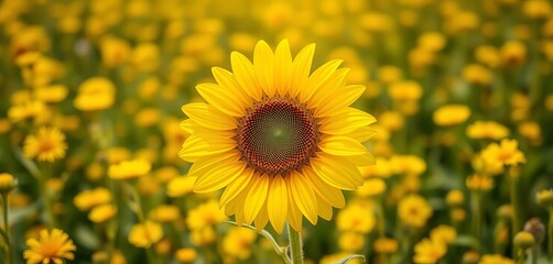 Obraz premium A small, unbloomed sunflower at the heart of a vibrant yellow wildflower field, yellow flowers, golden