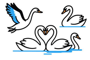 Modern vector illustration showcasing four swans in various poses highlighting their grace and beauty in a serene aquatic setting