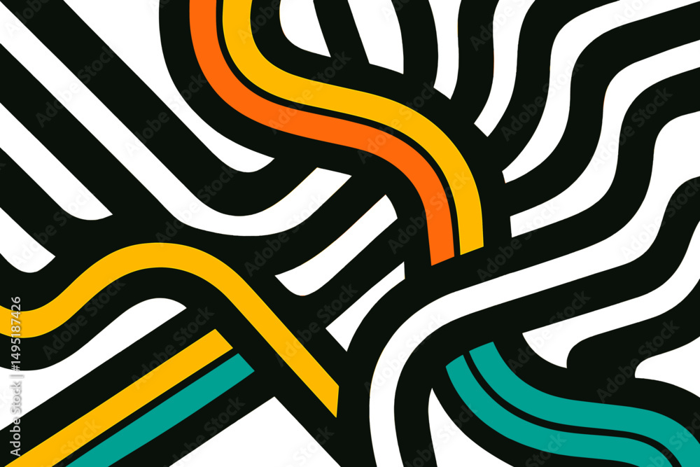 Poster modern vector illustration featuring colorful abstract lines intertwining on a black background, sho