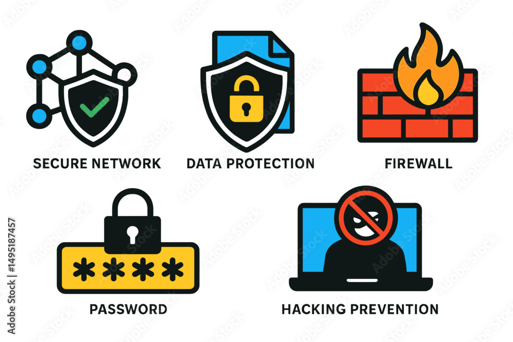 Poster modern vector illustration of cybersecurity concepts including data protection, firewall, password s
