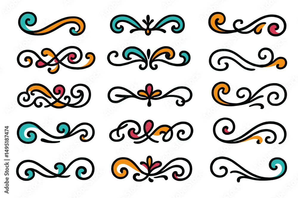 Poster colorful modern vector flourishes for decorative design elements in various styles and patterns