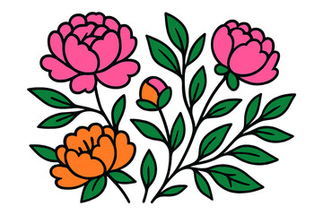 Modern vector illustration of colorful peonies and leaves in a vibrant floral arrangement for decorative purposes