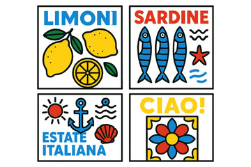 Modern vector illustration of Italian summer themes featuring lemons, sardines, and vibrant designs celebrating summertime