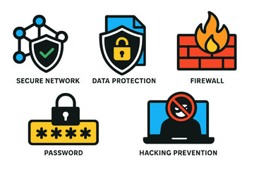 Modern vector illustration of cybersecurity concepts including data protection, firewall, password security, and hacking prevention strategies