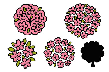 Bright floral vector design featuring pink cherry blossoms in various arrangements with green leaves and a single black tree silhouette