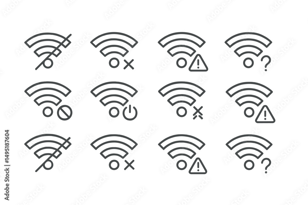 Poster modern vector illustrations of wi-fi symbols depicting connection issues and troubleshooting scenari