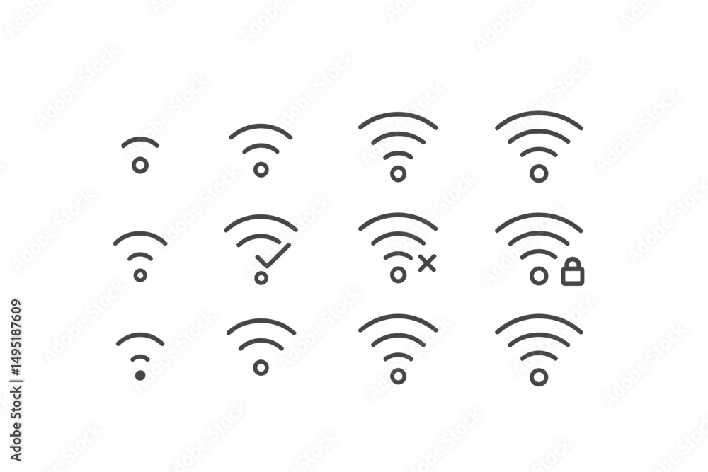 Poster vector illustrations of various wifi symbols including connection status, security indicators, and n
