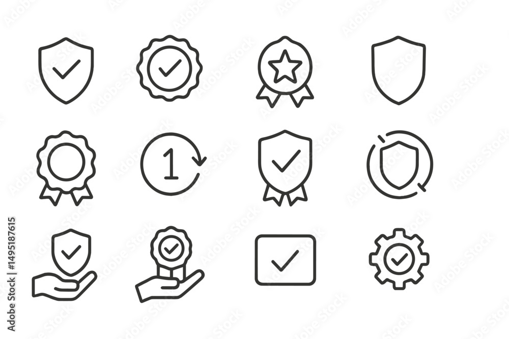 Poster vector icons representing security, awards, and validation elements in a modern flat design style
