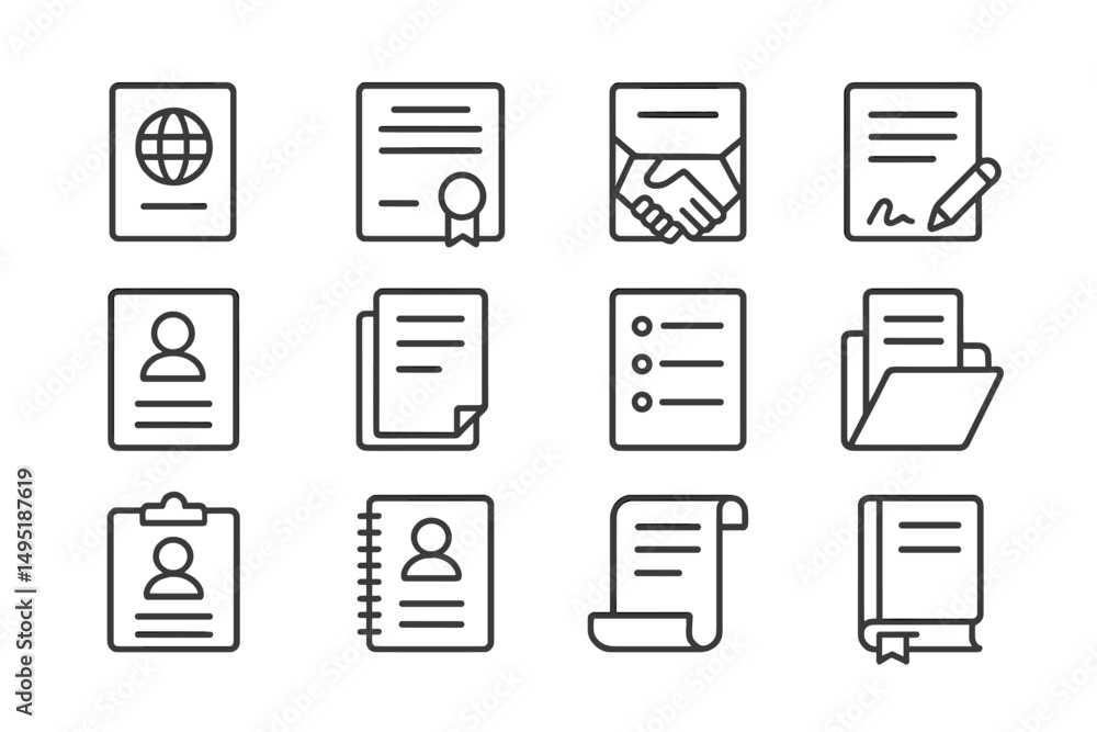 Poster modern vector illustration featuring various business and administrative icons in a structured layou