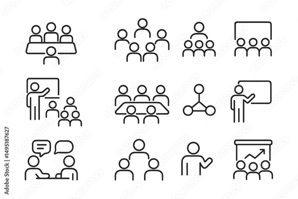 Poster vector illustration of diverse meeting styles and instructional interactions in a professional setti