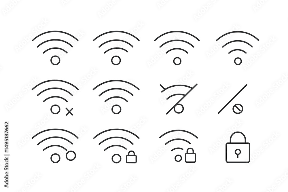 Poster vector illustration depicting various wi-fi signal strengths and statuses in a minimalistic style