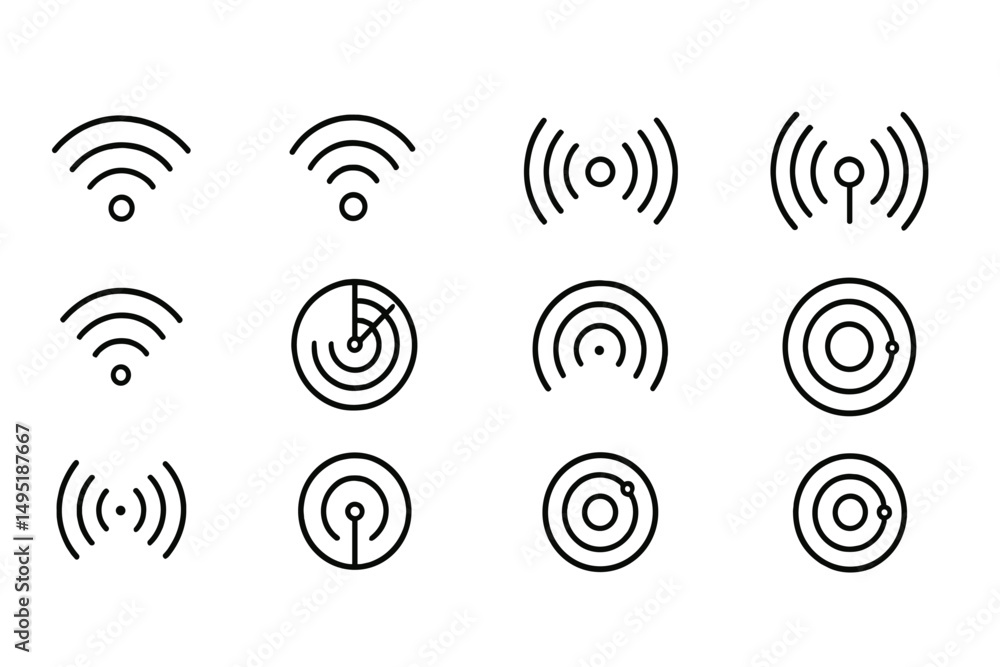 Poster modern vector illustrations of various wireless signal symbols in a minimalist design during daytime